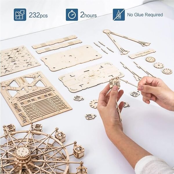 Rolife 3D Wooden Puzzle Hand Crank Music Box Machinarium Toys-DIY Wood Craft Kit-Creative Gift(Ferris Wheel Wood Color) - Image 4