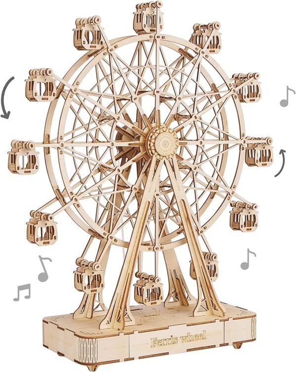 Rolife 3D Wooden Puzzle Hand Crank Music Box Machinarium Toys-DIY Wood Craft Kit-Creative Gift(Ferris Wheel Wood Color)